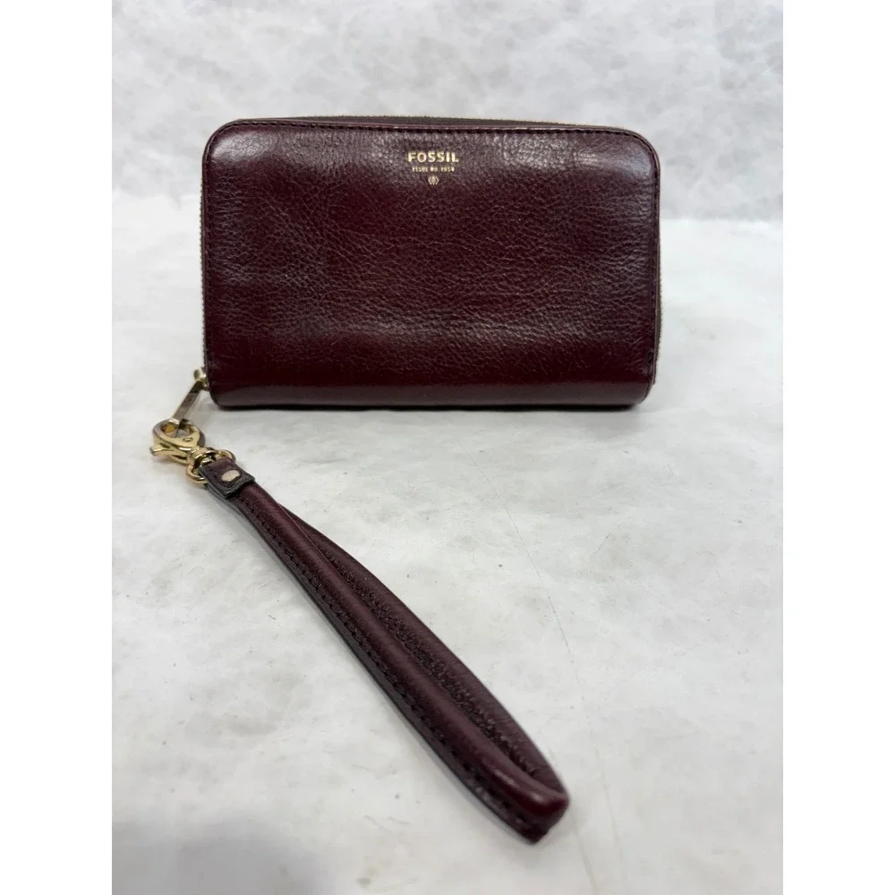 Fossil Logan Zip Around Clutch Wallet Burgundy Leather Teal Interior Wristlet